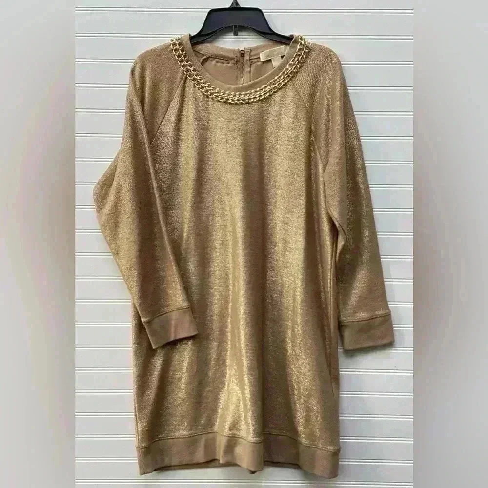 Micheal Kors Gold Chain Gold Shimmer Sweater Long sleeve Midi  Dress Size Large